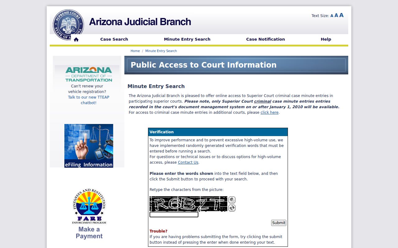 Cochise County court date minute entry search