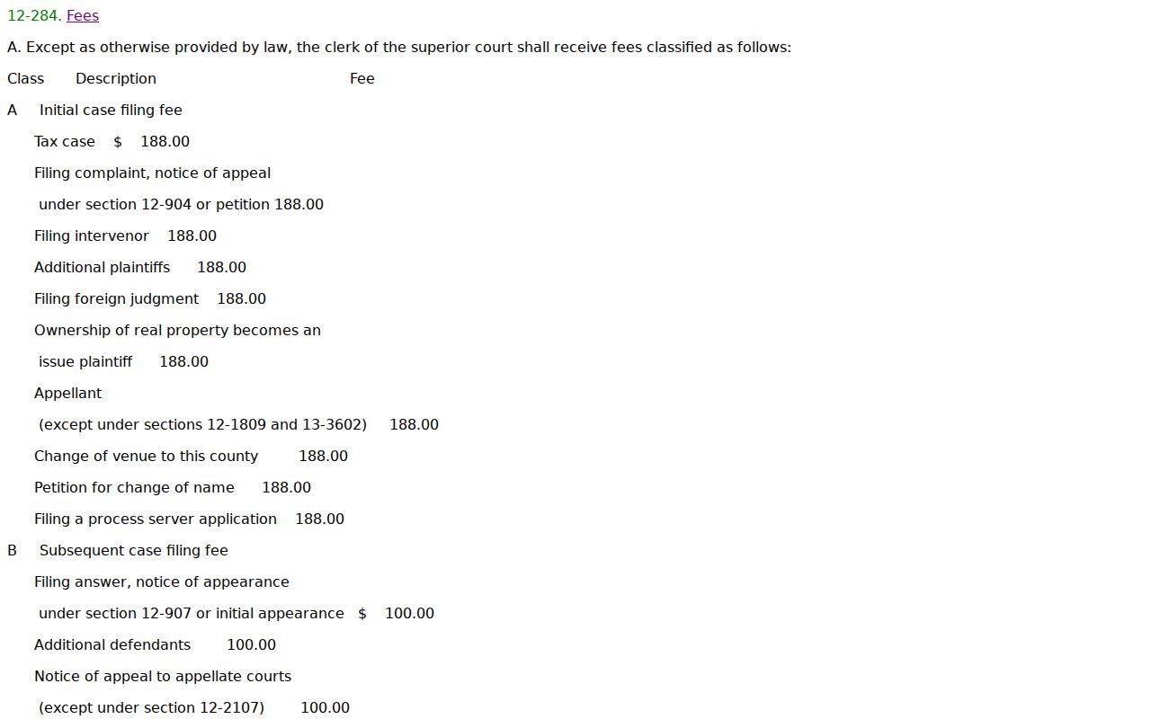 Cochise County civil docket Superior Court clerk fee law