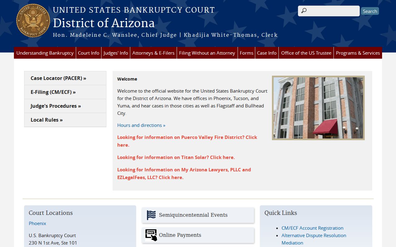 Willcox court docket boundary with U.S. Bankruptcy Court for Arizona